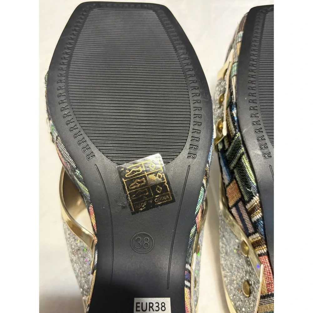 Glitter Slide Sandals Geometric Multicolor Silver Block Heel Straps Women's 7